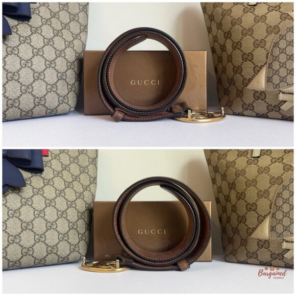 Authentic Gucci Brown Leather Gold Interlocking G Buckle Belt 80/32 - Picture 9 of 13